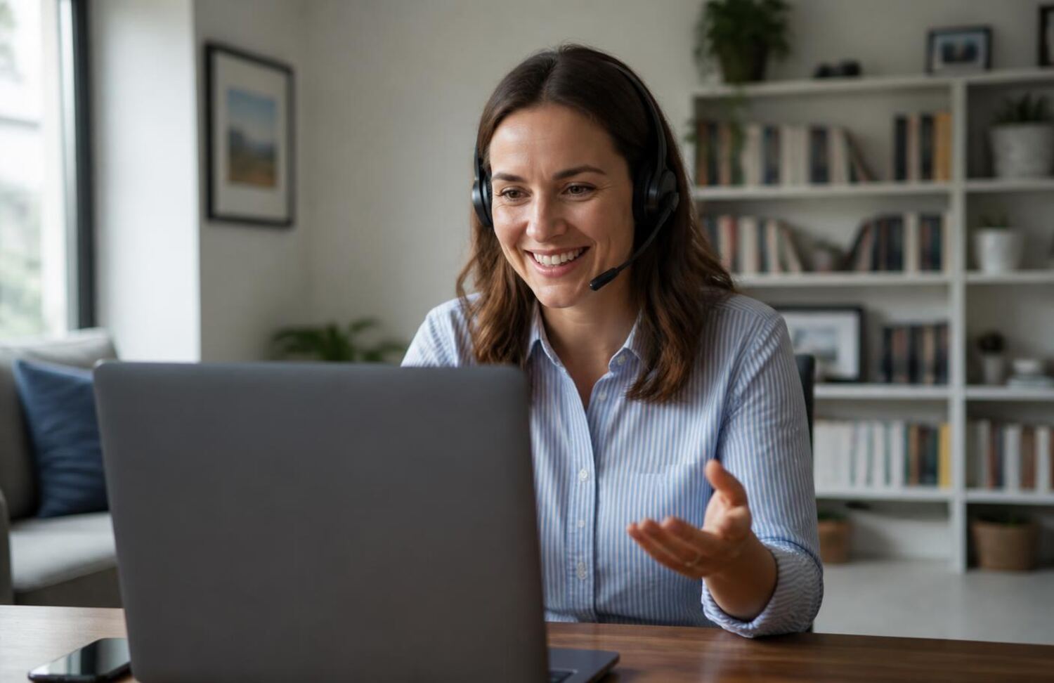 Research analyst on a video reference call with an agency client