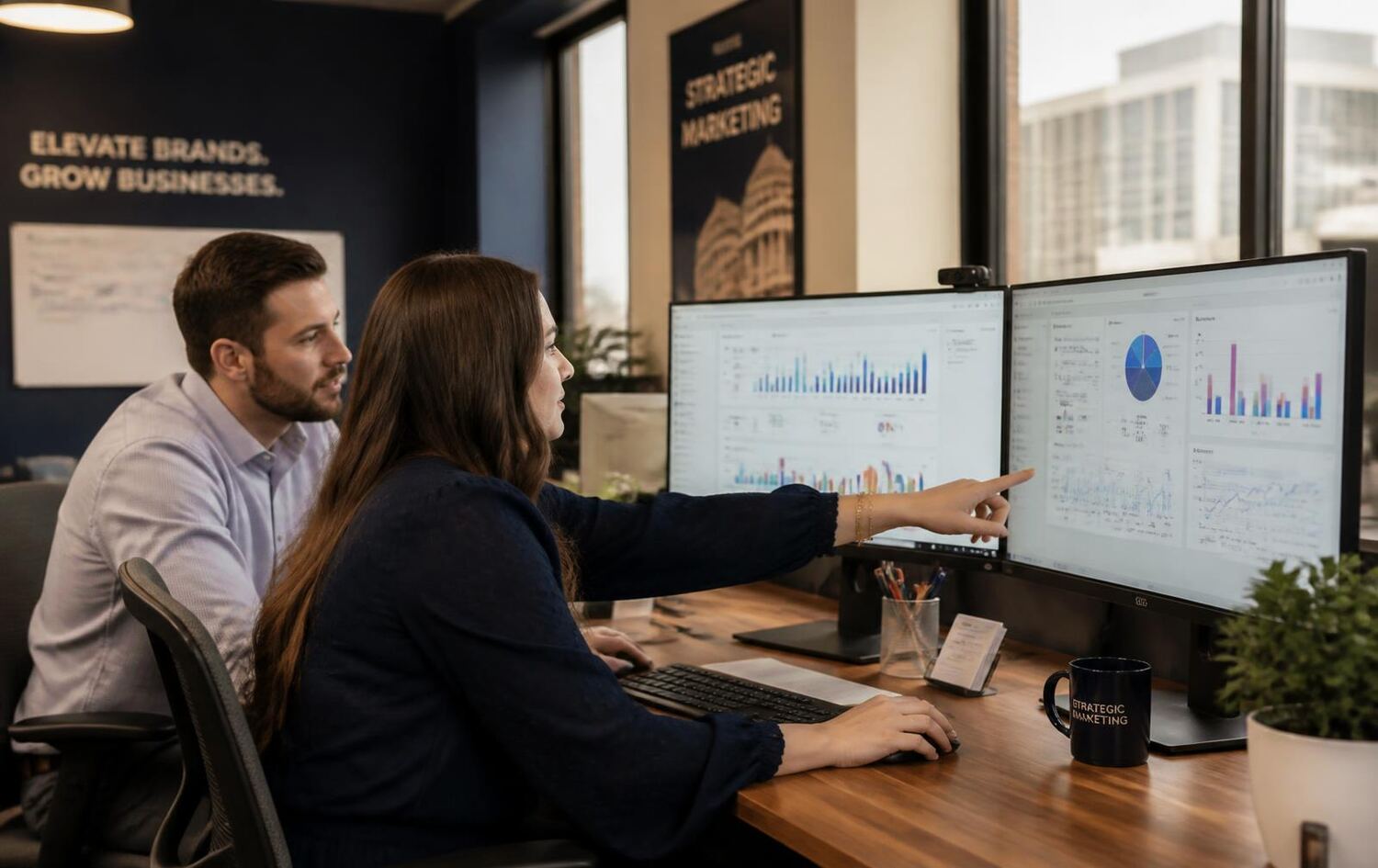 Two analysts at Top10 SEO Company List reviewing vendor performance dashboards in the Montgomery office