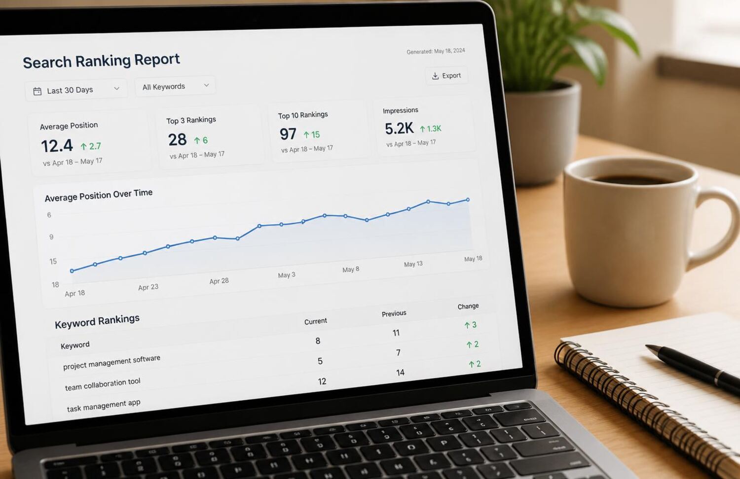 Monthly search performance report shown on a laptop next to a notebook