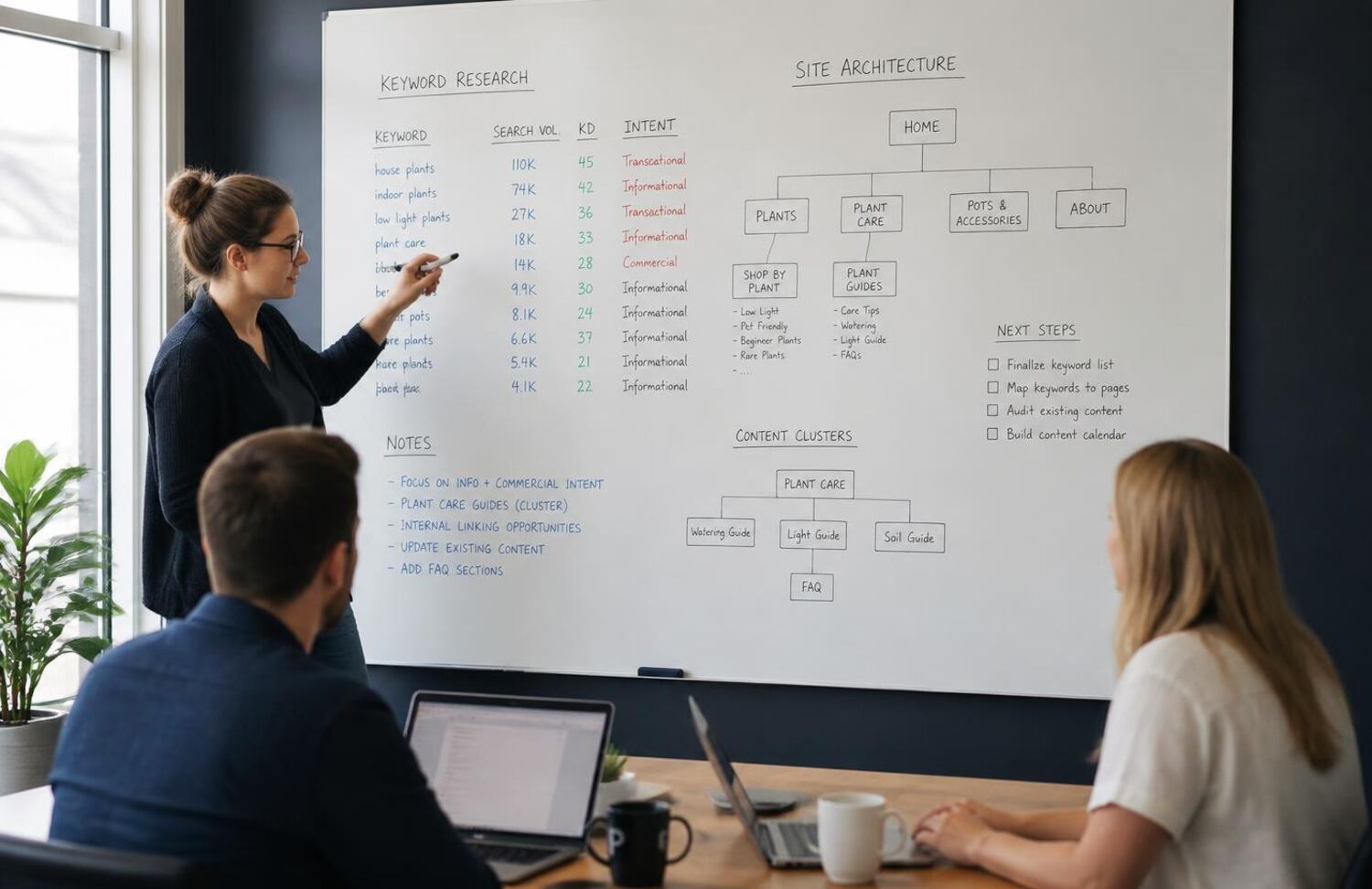 Analysts mapping keyword research and site architecture on a whiteboard during a vendor review session