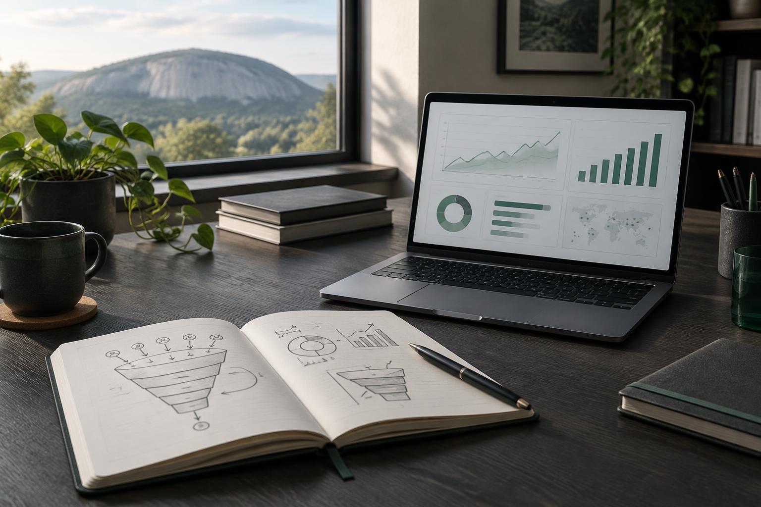 SEO strategy notebook and analytics workspace overlooking Stone Mountain